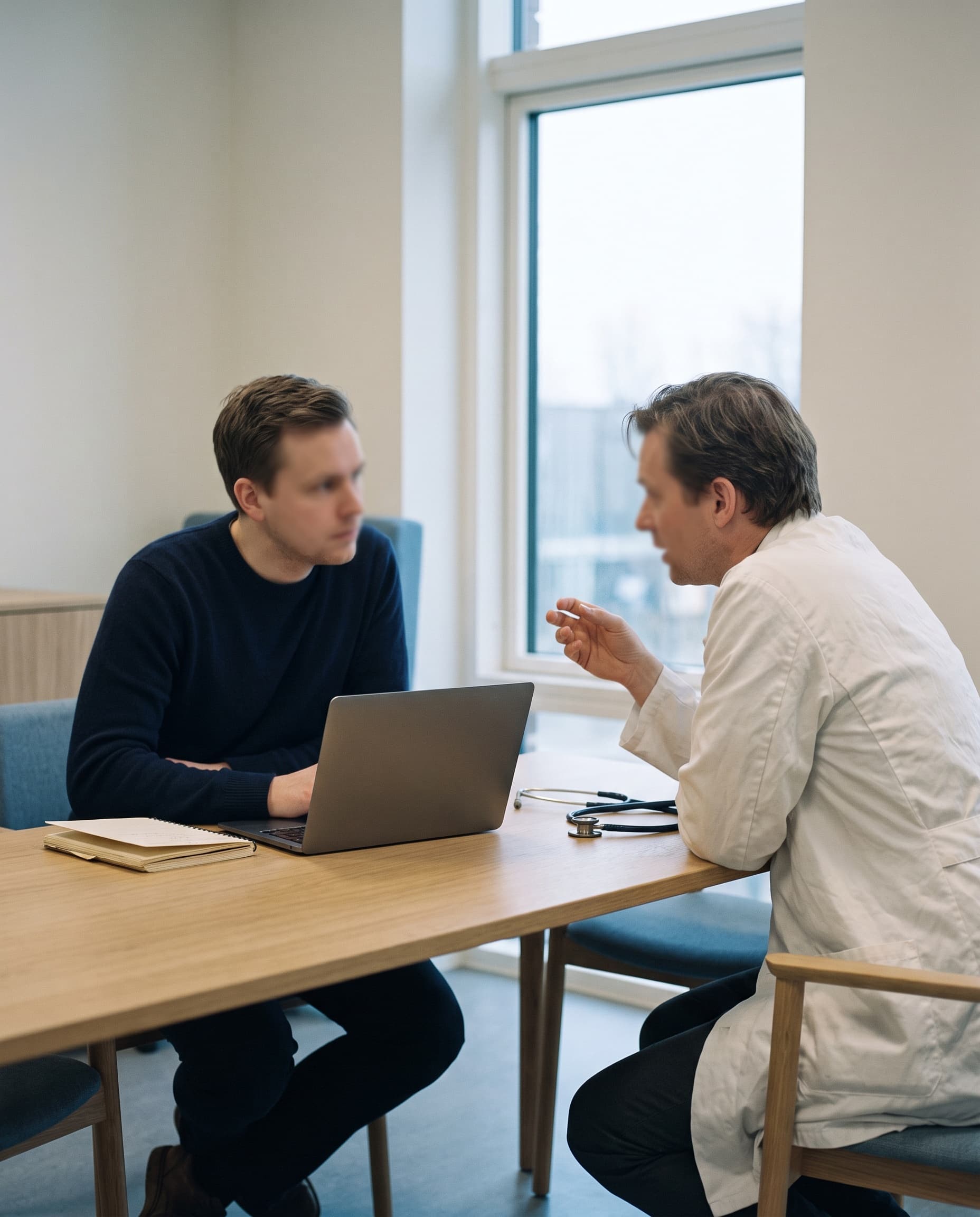 A founder and a clinician in conversation across a table.