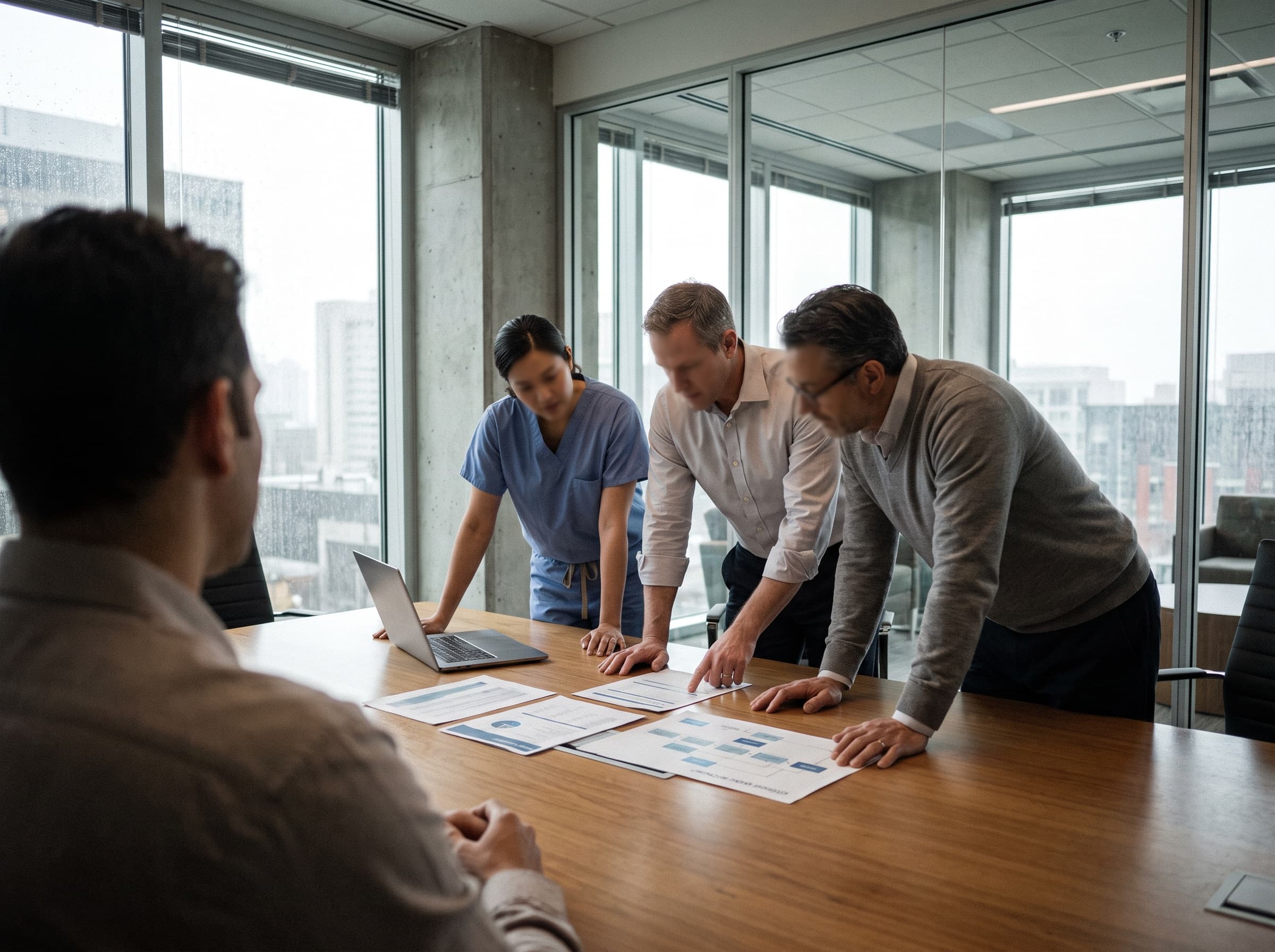 Operators and clinicians working through a problem at a boardroom table.